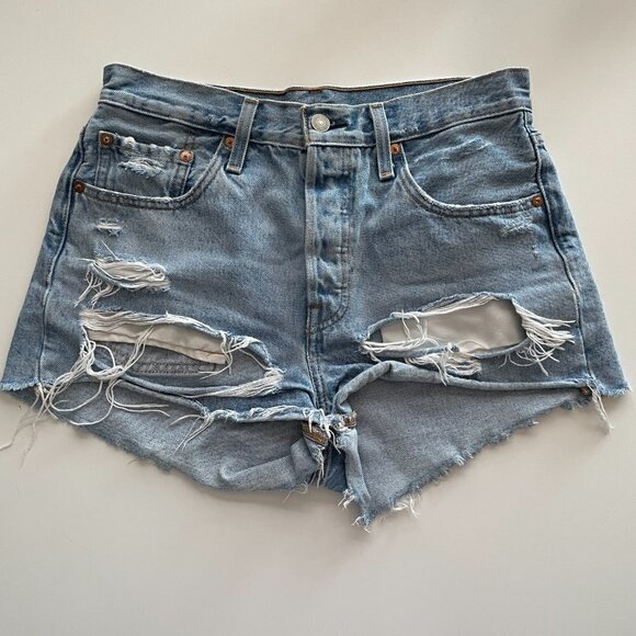 Levis 501 High Rise Denim Distressed Shorts Medium Wash Blue 27 - Picture 2 of 10